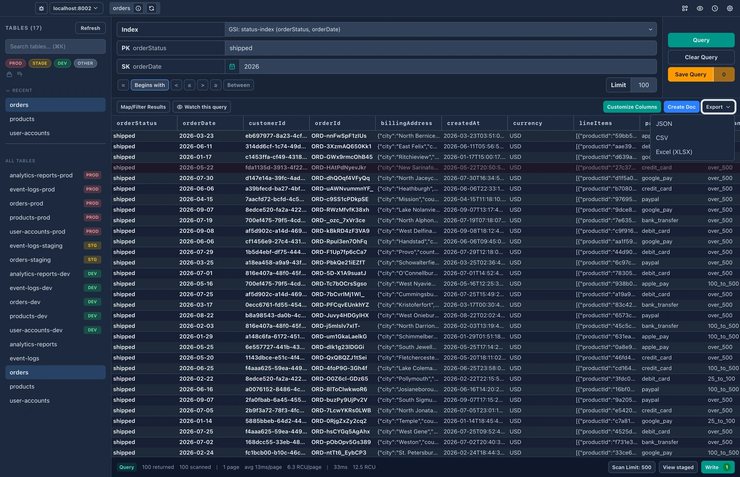 DynaFlow's export menu offering the current results or the whole table as CSV or JSON