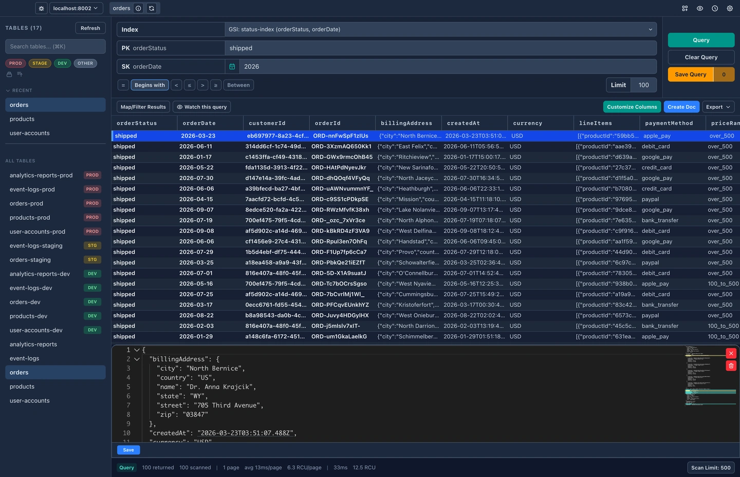 A table row expanded in DynaFlow to edit its JSON in place beneath the grid, with DynamoDB attribute types preserved