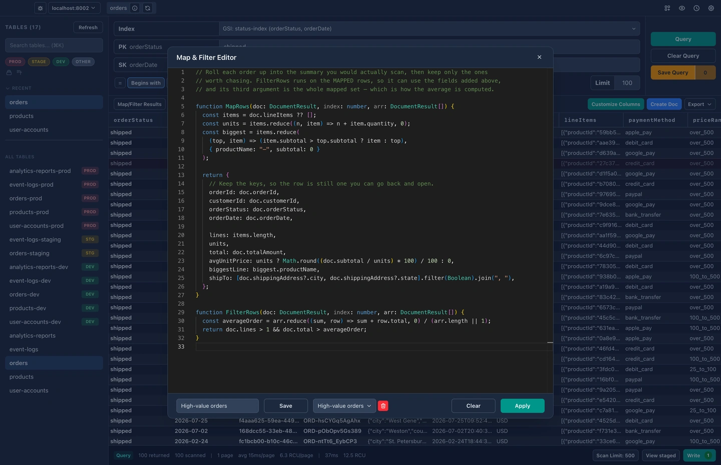The Map & Filter editor in DynaFlow, holding a function that summarises each order