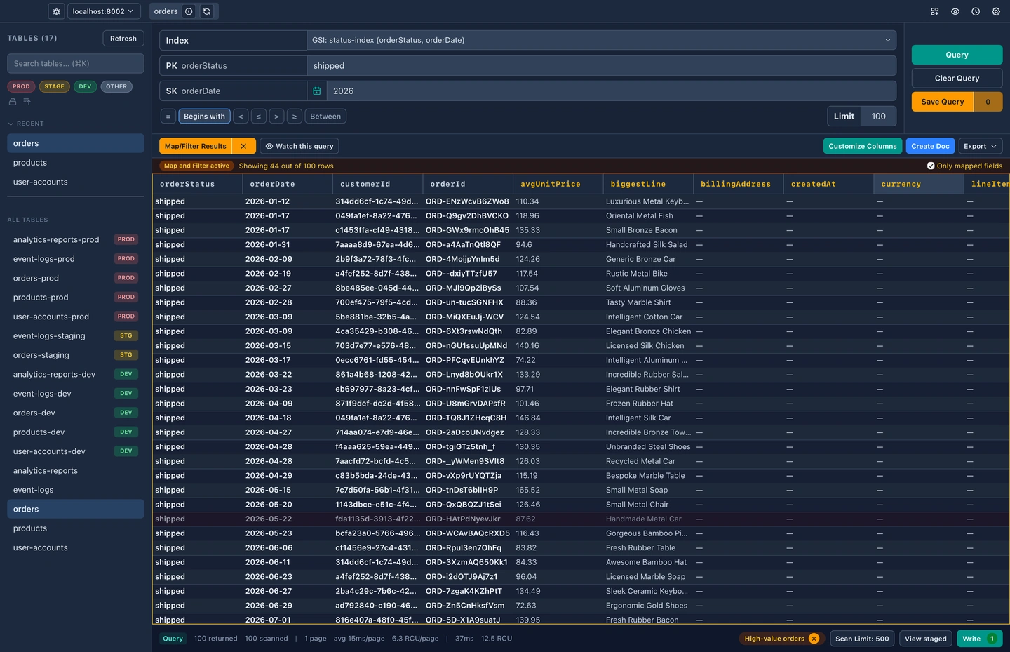 DynaFlow results narrowed to 44 of 100 rows and reshaped into the function's own columns