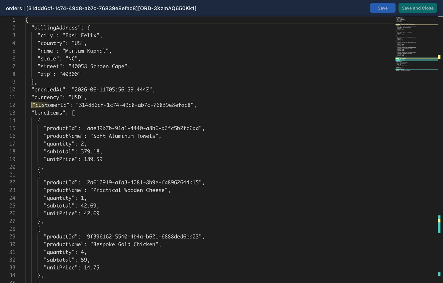A DynamoDB document open in DynaFlow's Monaco editor, JSON syntax-highlighted with foldable sections