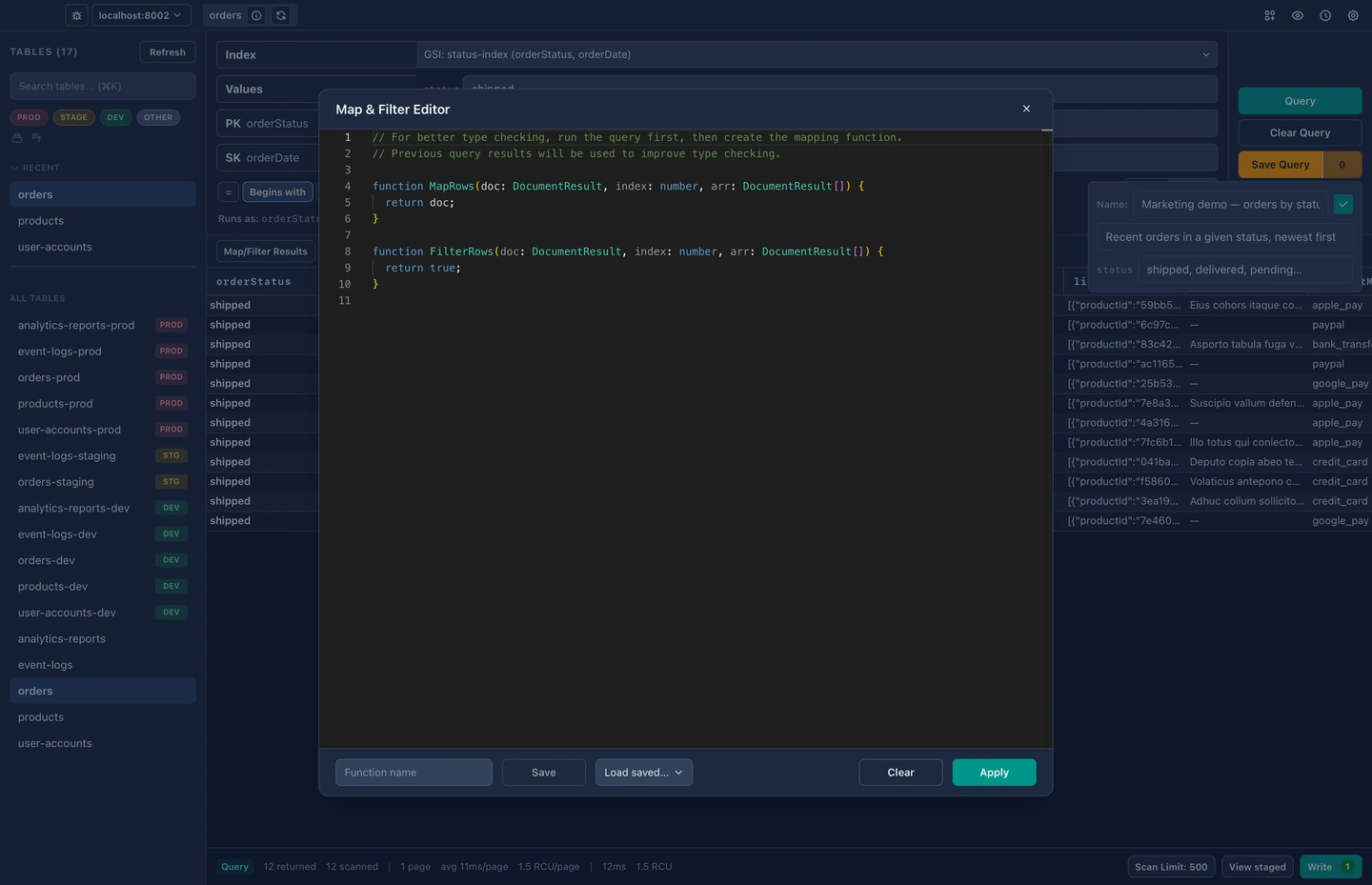 A saved query in DynaFlow with a named parameter left blank, ready to be filled in before it runs