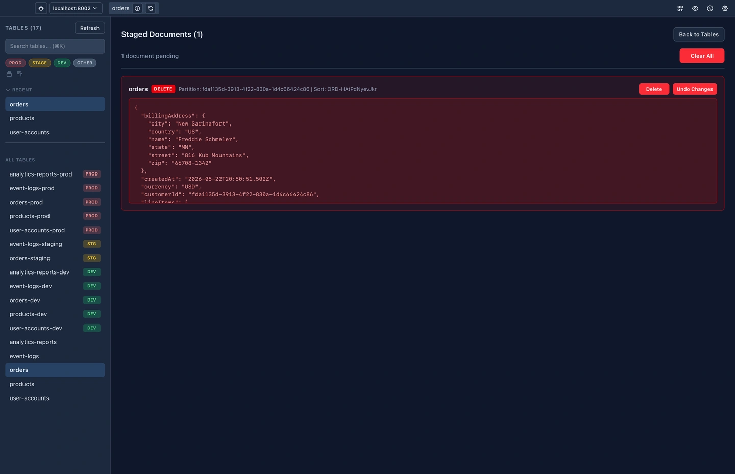 DynaFlow's staged changes panel showing a diff of pending edits, each one undoable before the batch is committed
