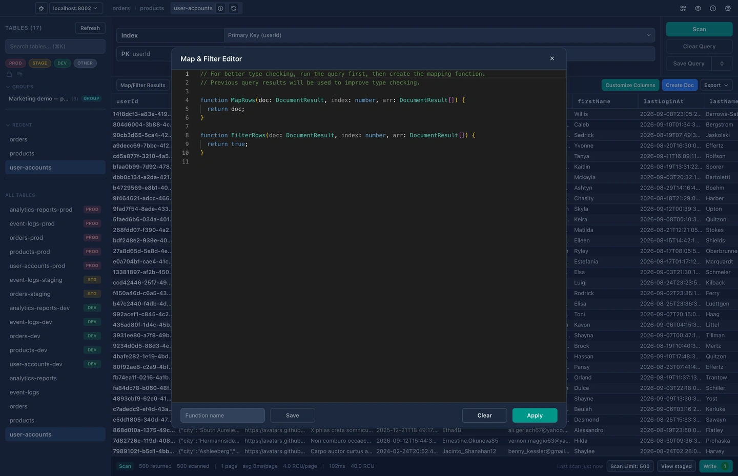 Several DynaFlow table tabs collected into a named group so a whole workspace reopens at once