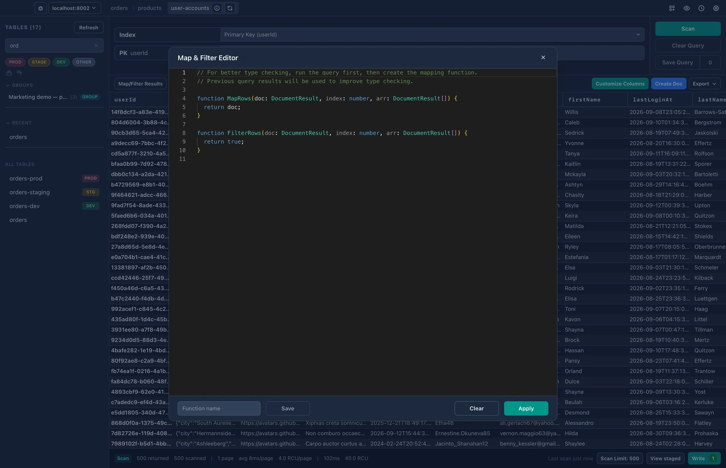 Fuzzy search in DynaFlow narrowing a long table list to matches as the name is typed
